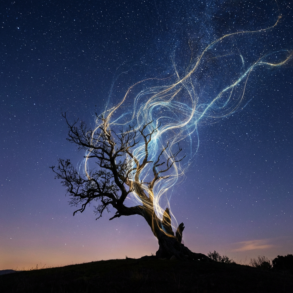 Silhouette of a tree with glowing blue and gold light trails rising into a starry sky.