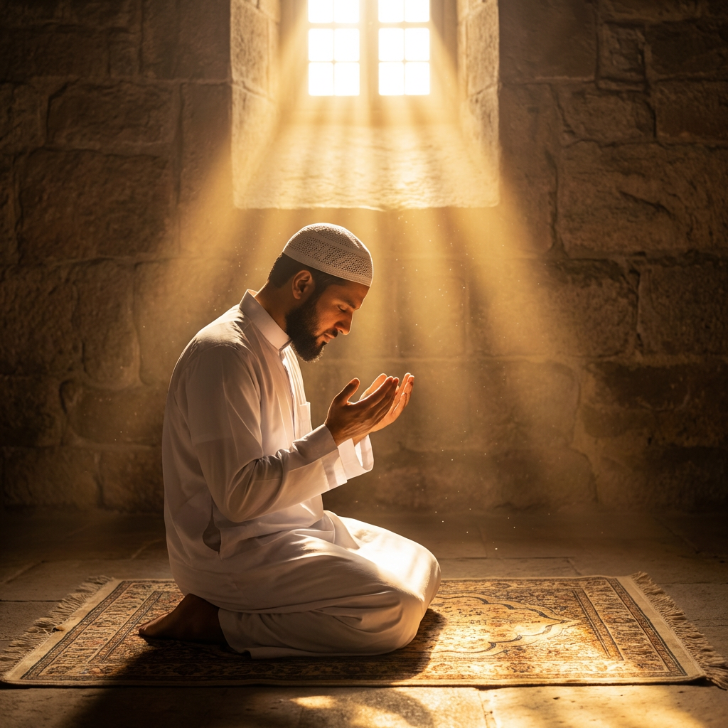 A man kneeling on a prayer rug in a stone room bathed in sunlight.
