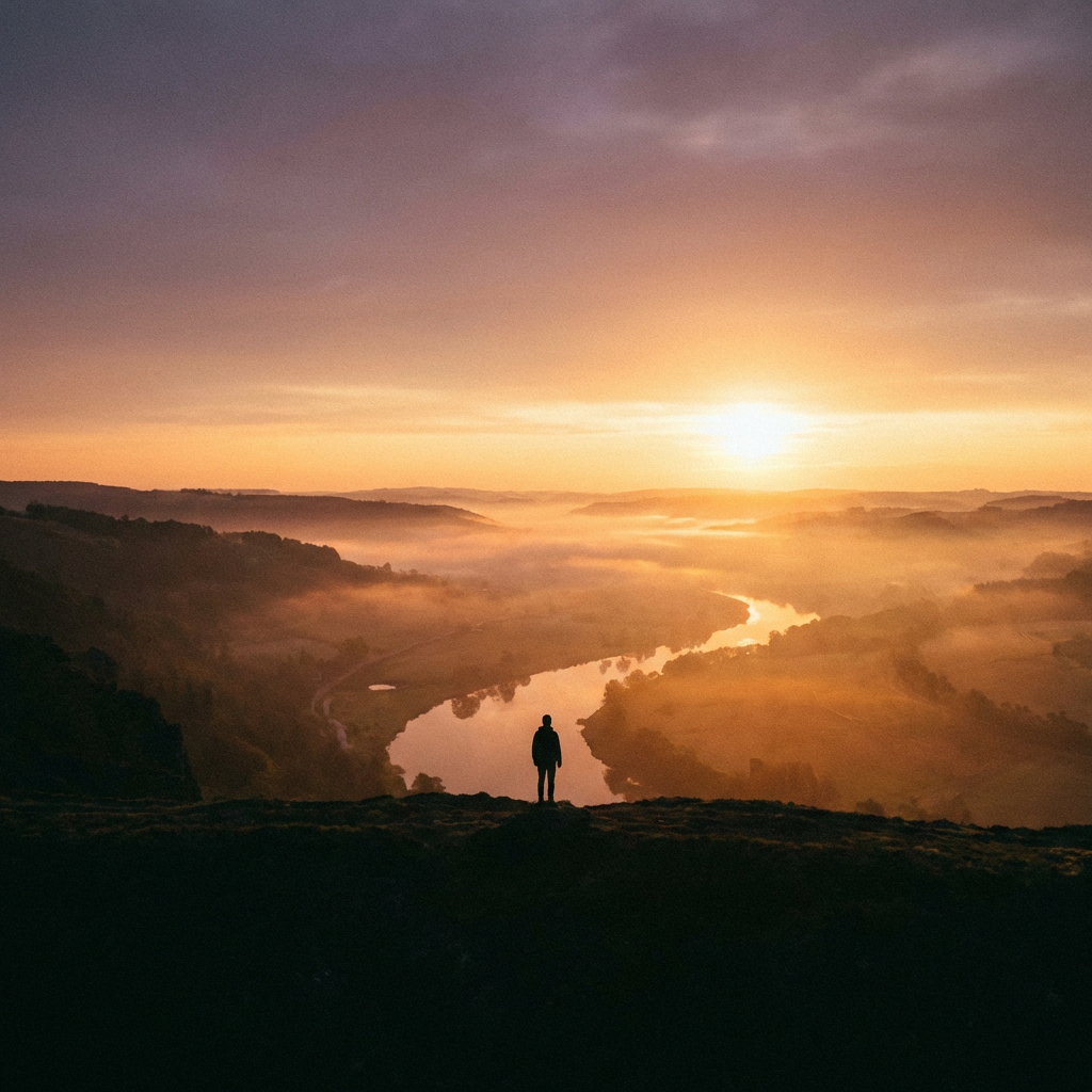 Silhouette of a person overlooking a winding river through morning mist at sunrise.