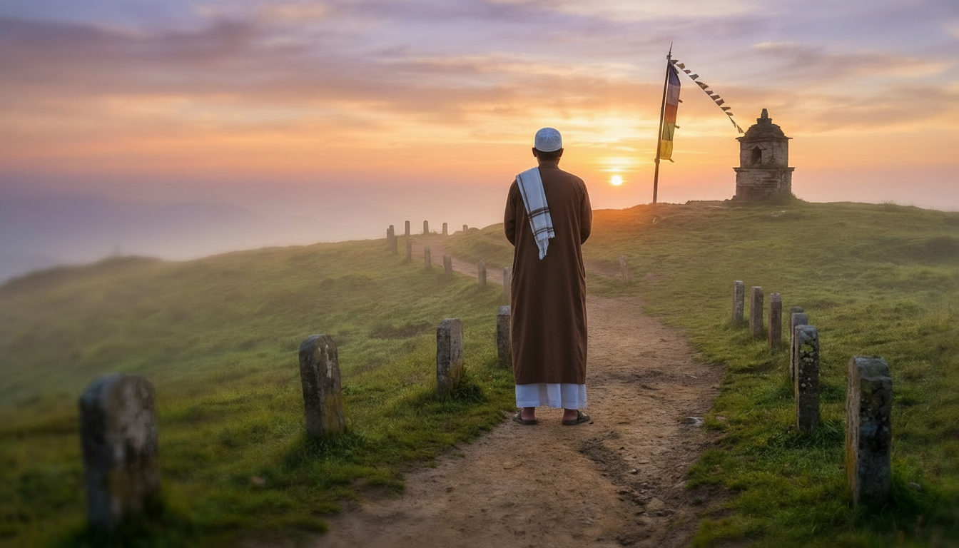 Monk watching sunrise on a misty mountain path with a stupa and prayer flags.
