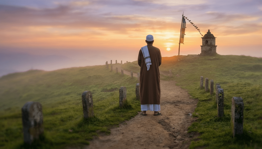 Monk watching sunrise on a misty mountain path with a stupa and prayer flags.