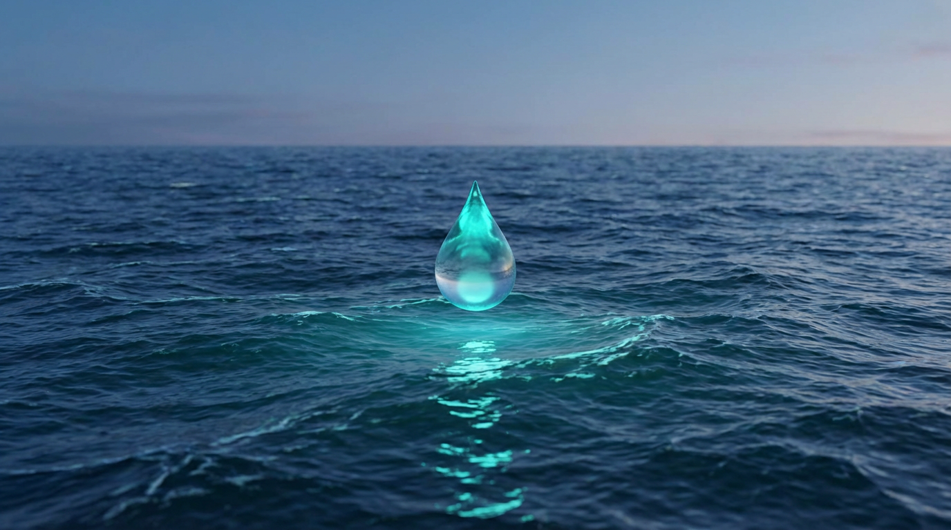 Glowing blue water droplet hovering over a dark, rippling ocean surface.