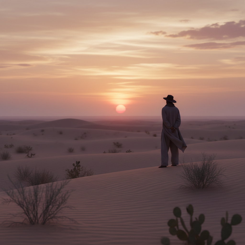 A person in a long coat and hat watches the sunset over desert dunes.