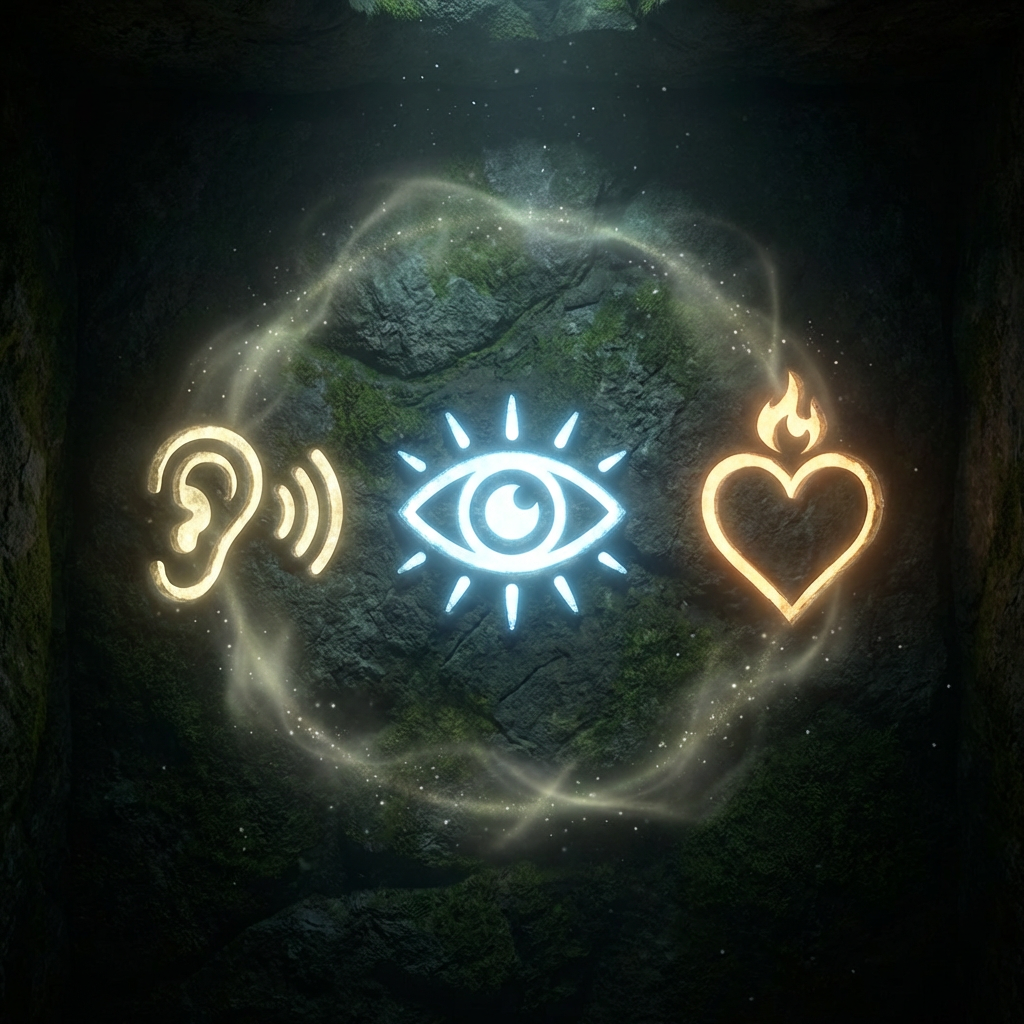 Glowing icons of an ear, eye, and flaming heart on a mossy rock wall.