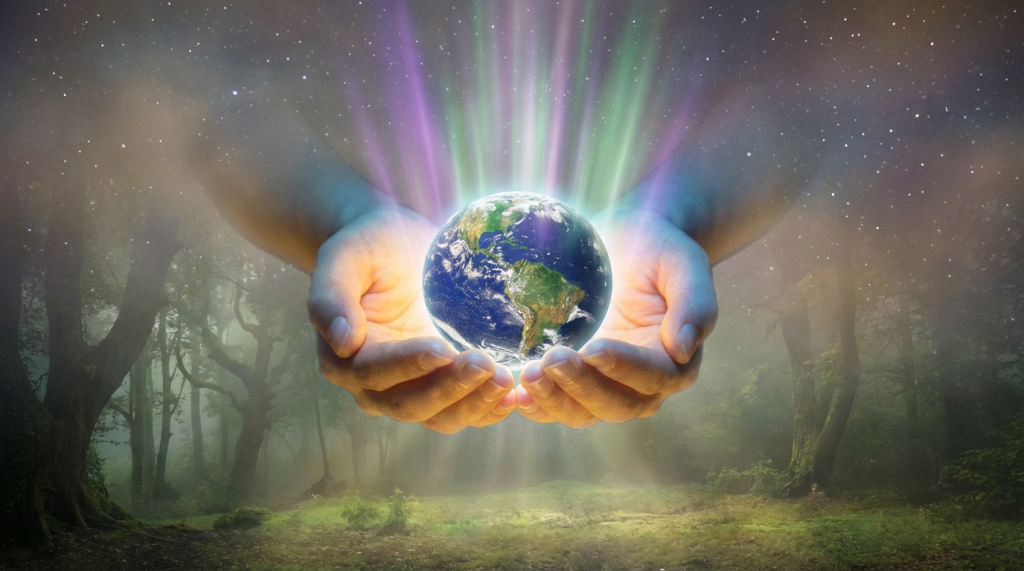 A pair of cupped hands holds a glowing Earth against a forest and starry background.