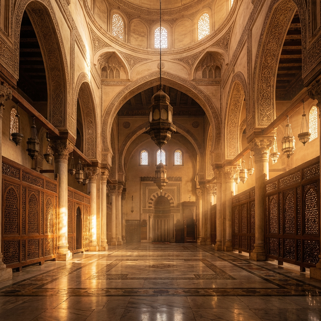 Interior of a historic mosque featuring high arches, intricate stone carvings, and hanging lanterns.