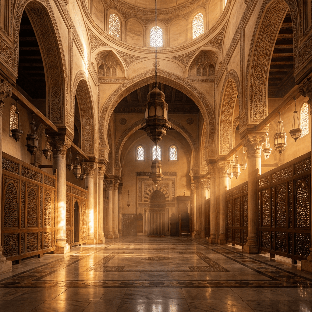 Interior of a historic mosque featuring high arches, intricate stone carvings, and hanging lanterns.